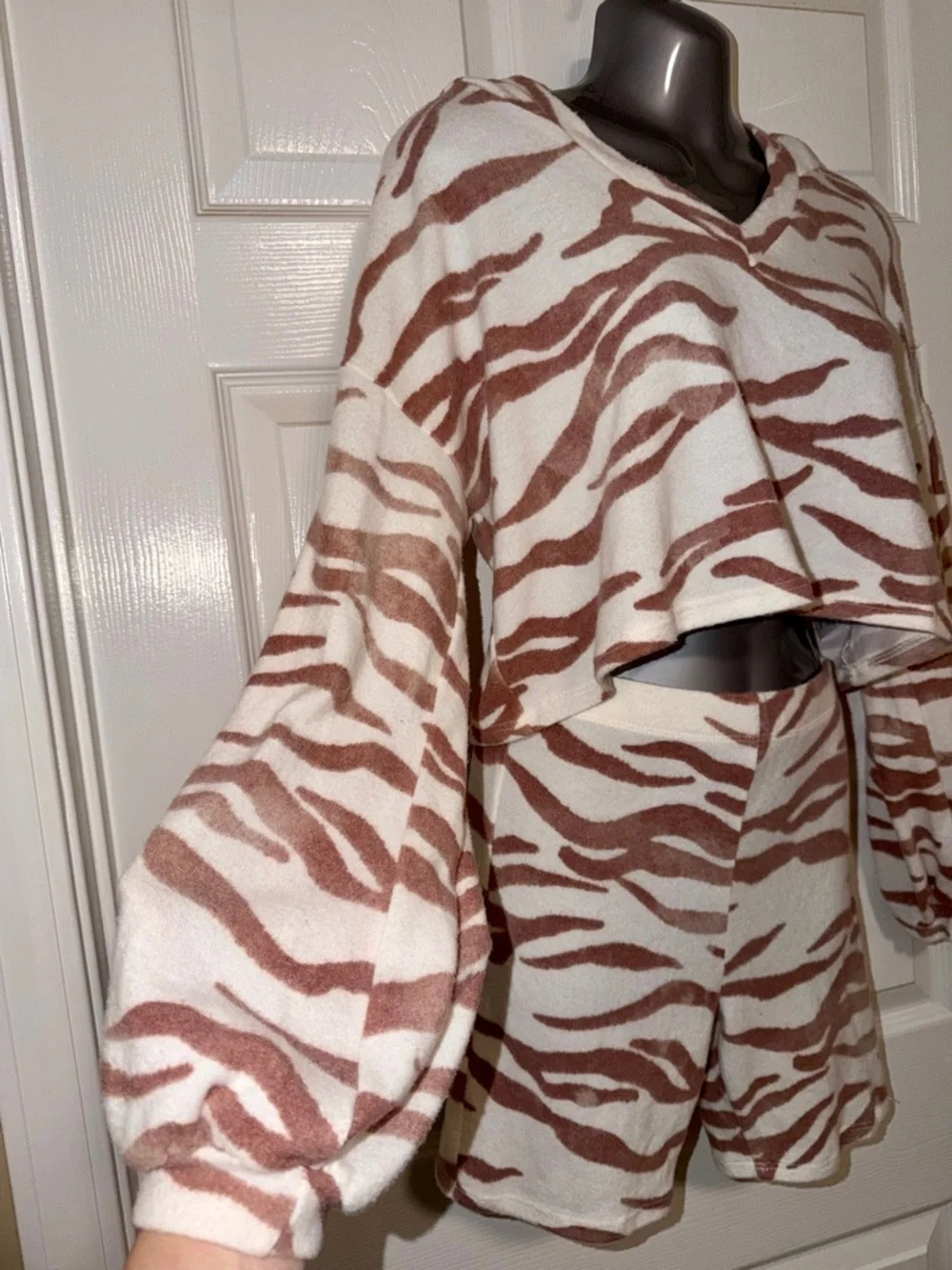 Blue Blush Cream and Brown Zebra-Print Fuzzy Cozy Hooded Lounge Set